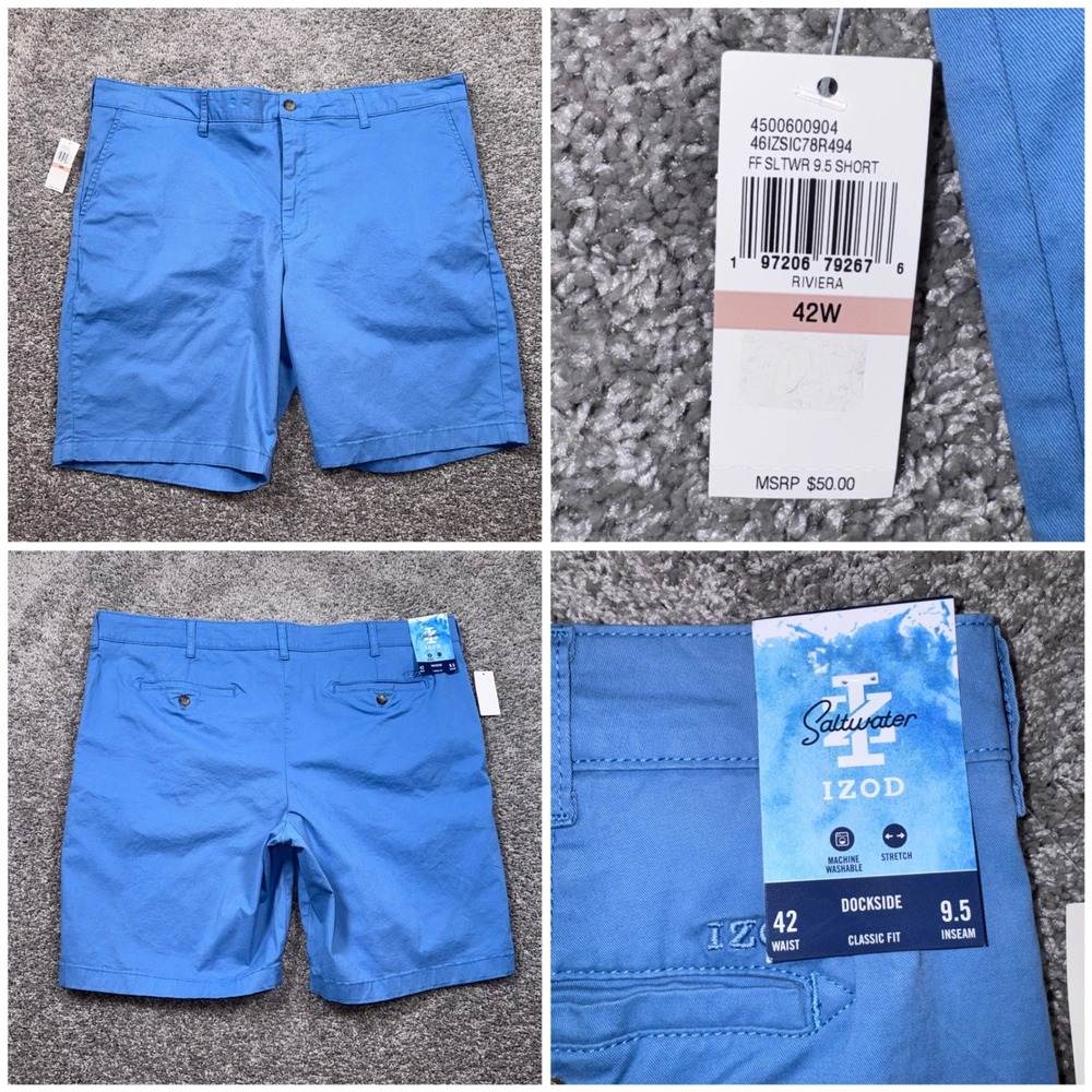 IZOD Saltwater Dockside Mens Classic Fit Stretch Shorts Riviera Blue 42 NEW